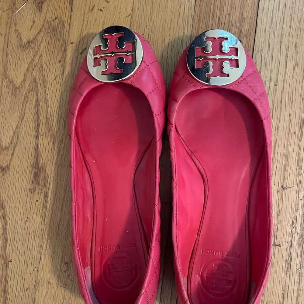 Tory Burch red ballet flats with gold buckle, worn only a handful of times
